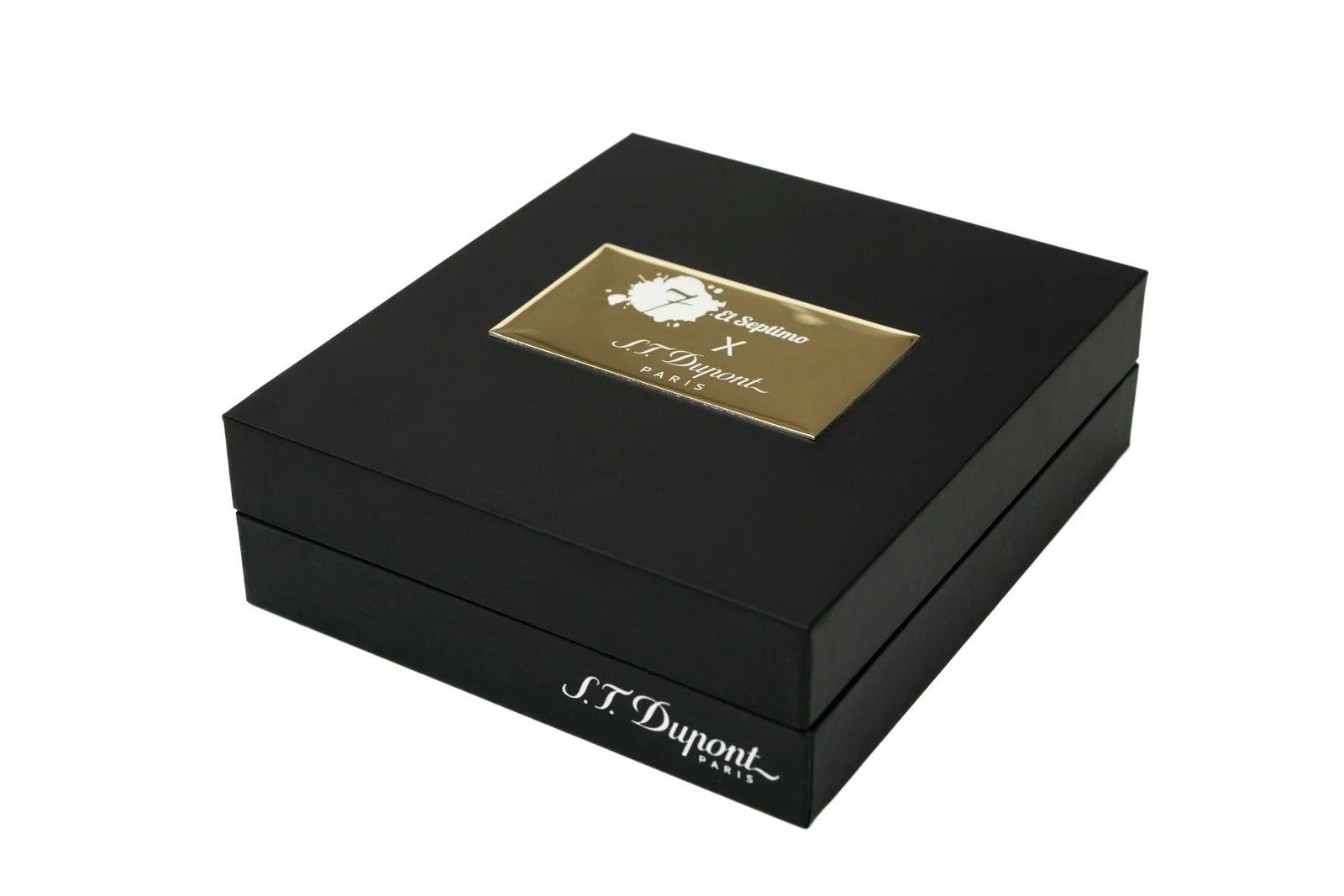 Black cigar box with gold and white letters that read El Septimo X ST Dupont
