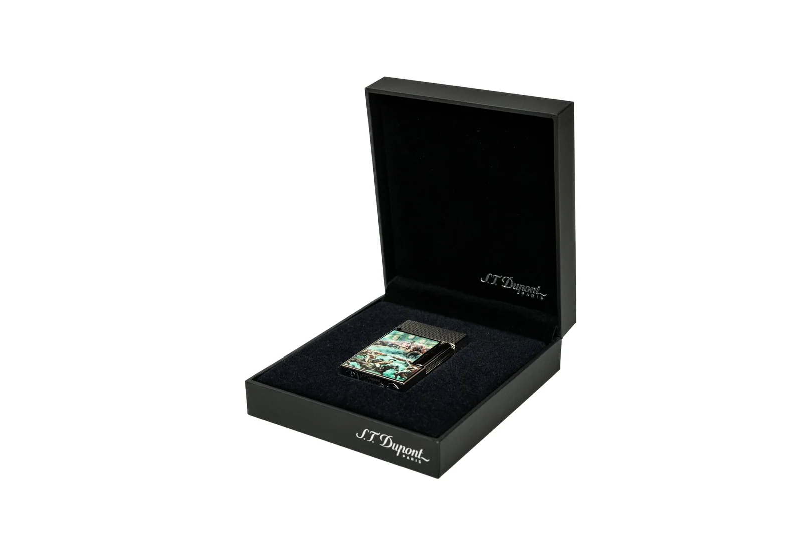 Black cigar box with luxury and high end cigar lighter and velvet interior with silver letters that read S.T. Dupont