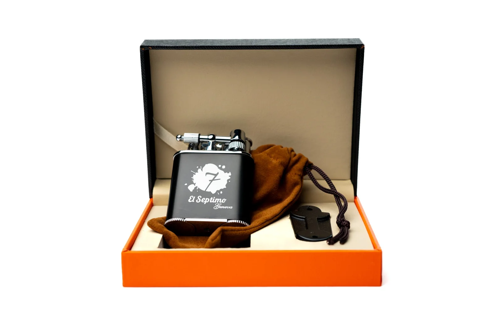 black and silver El Septimo Double Jet Torch Lighter & Punch in a black and orange box with a velvet pouch