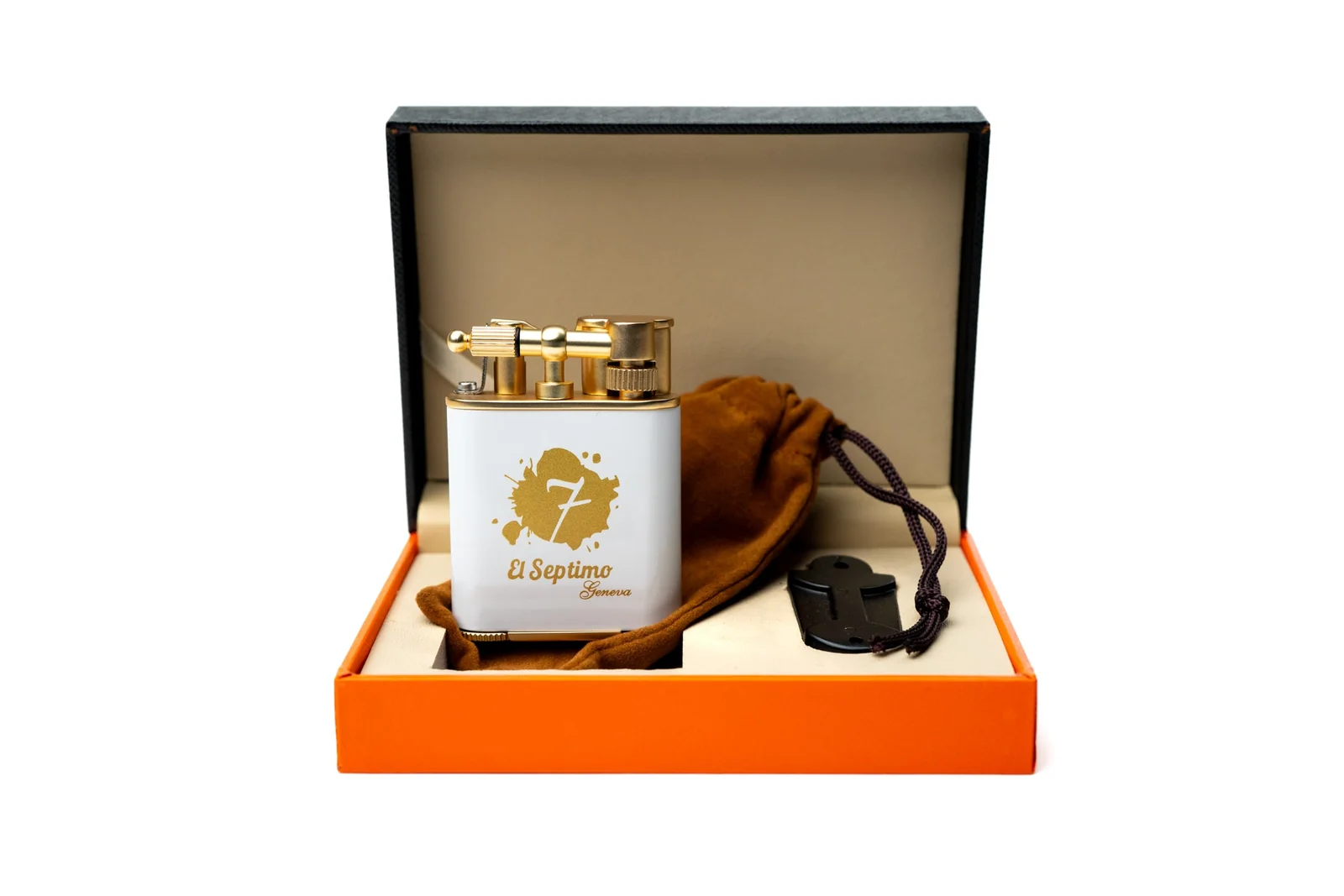 white and gold  El Septimo Double Jet Torch Lighter & Punch in a black and orange box with a velvet pouch