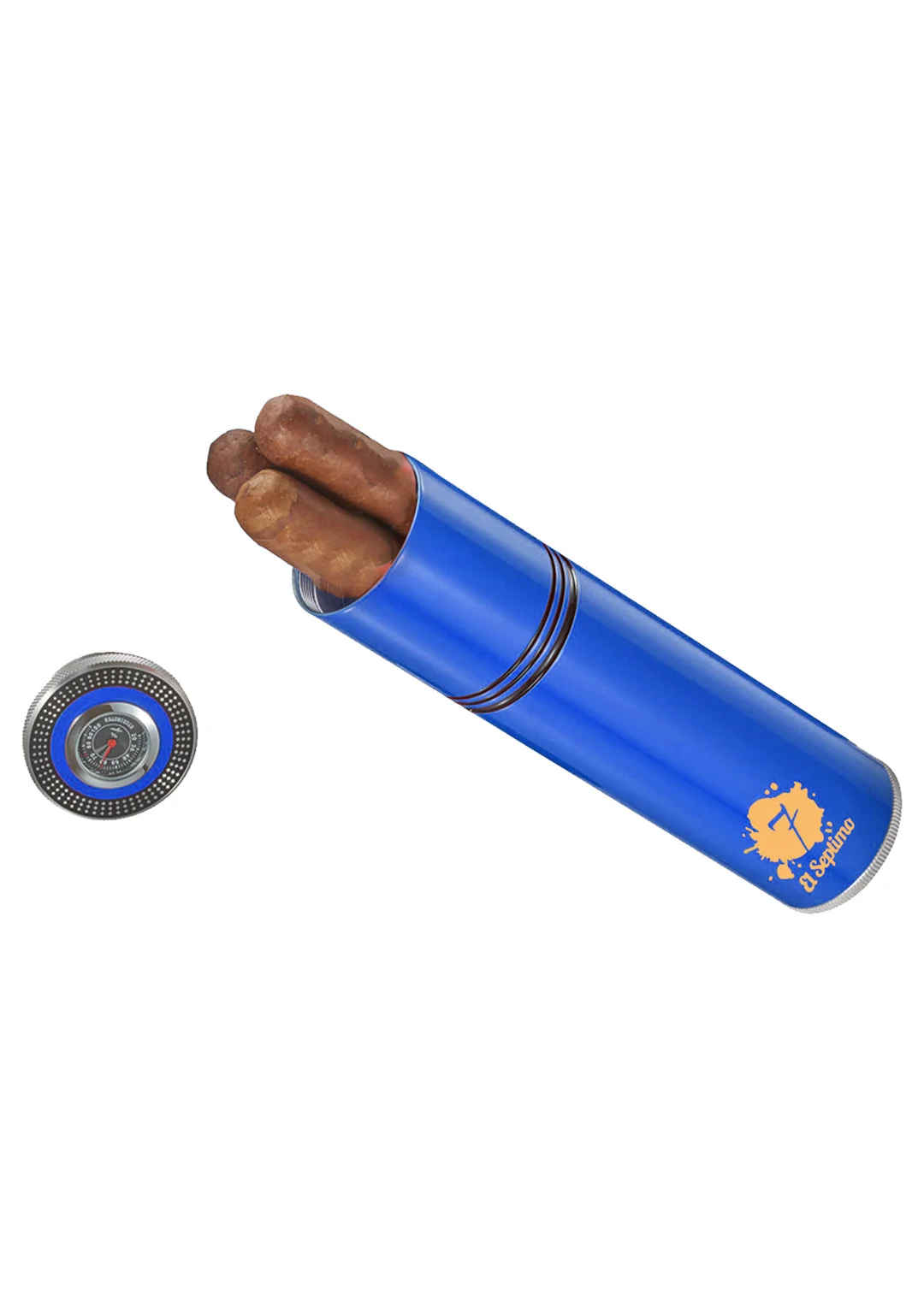 blue small travel humidor with 3 small premium cigars