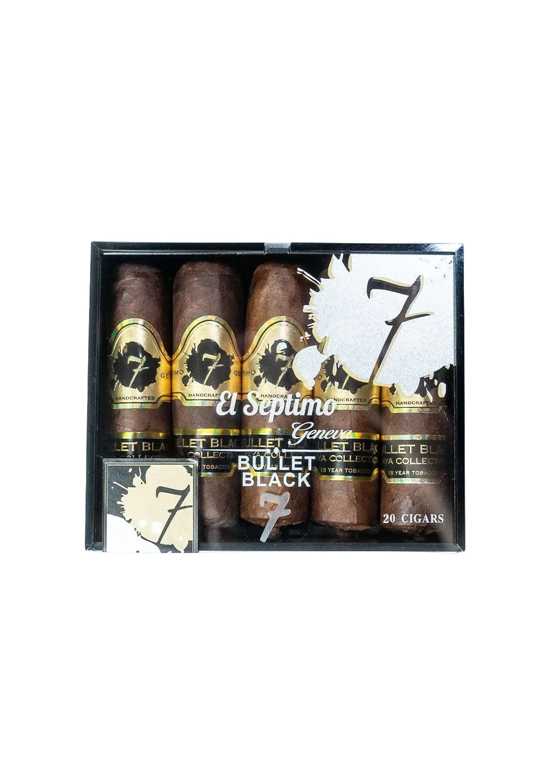 Box of 20 handcrafted bullet black cigars with gold and black labels in a black El Septimo box with white font.