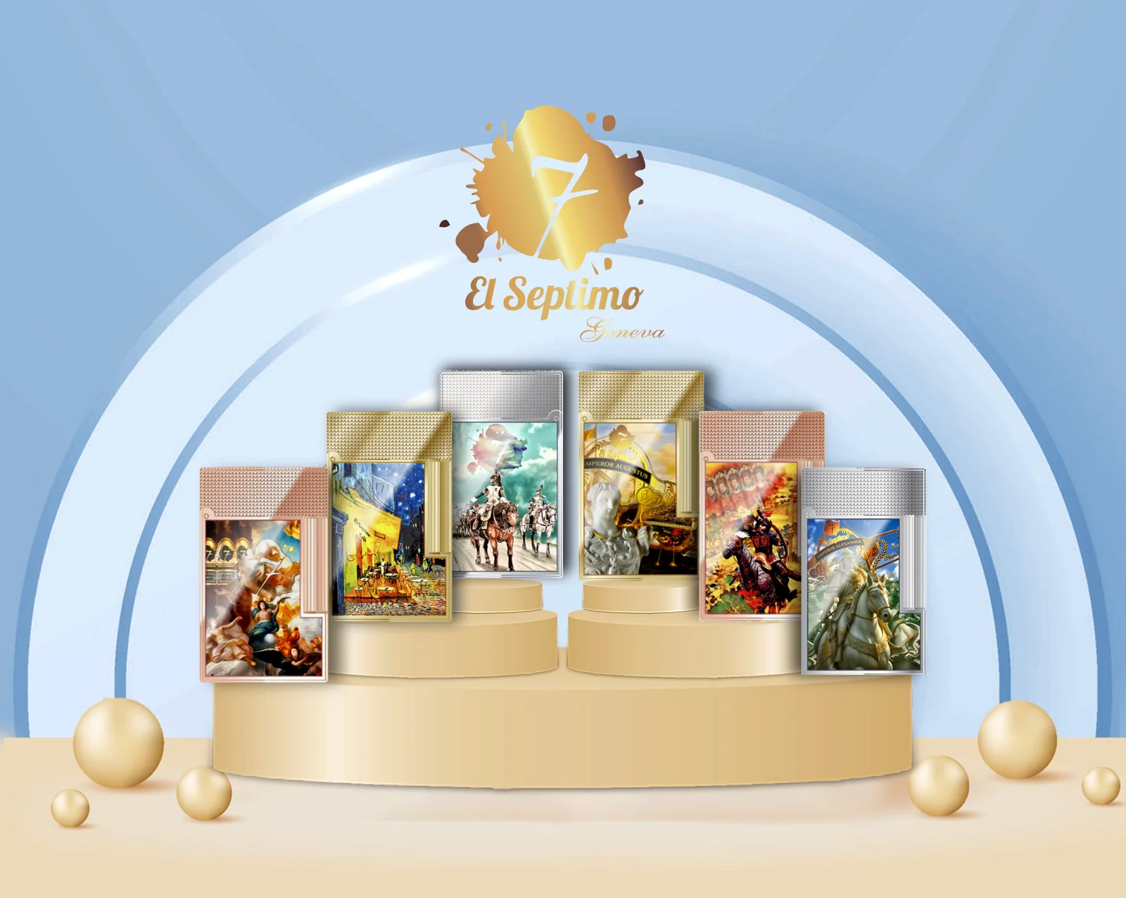Photo of entire S.T. Dupont x El Septimo Limited Edition Emperor Collection Cigar Lighters with photos of 6 high end cigar lighters made of solid brass and finished with gold, rose gold or palladium on a gold platform.