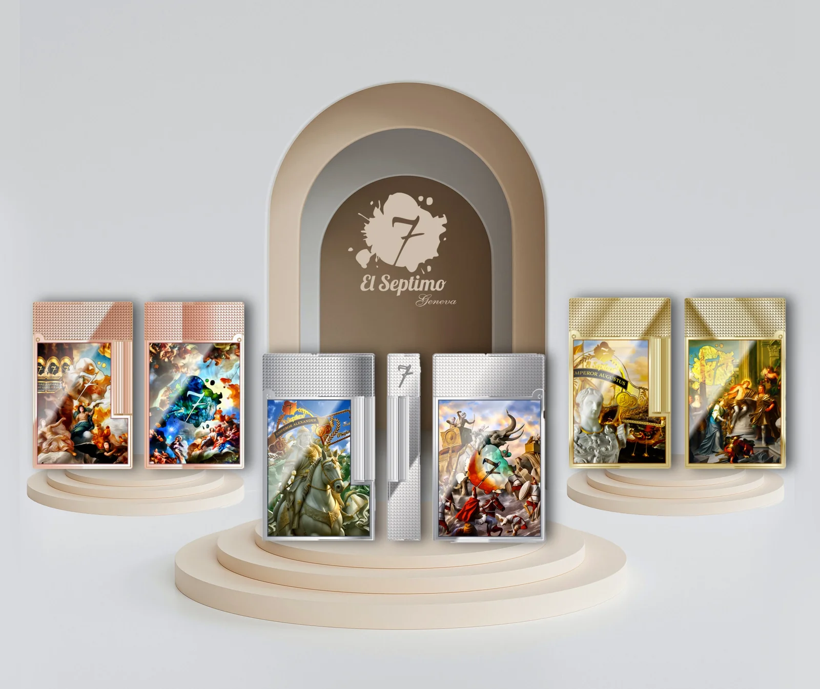 rose gold, gold, and silver high end cigar lighters featuring emperors on the front.