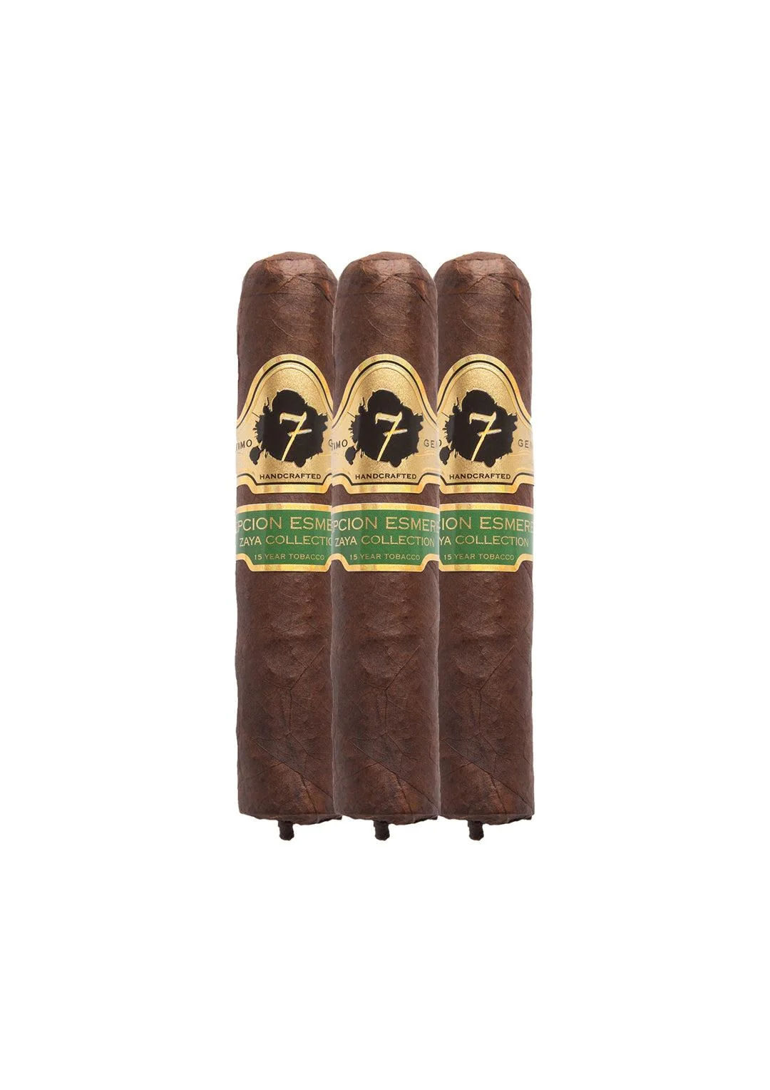 Thee El Septimo Excepcion Esmeralda cigars with a green and gold label against a white background