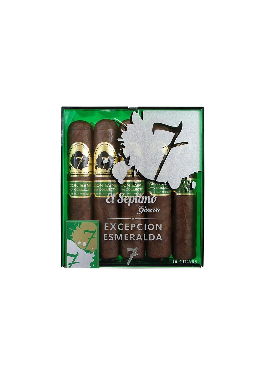 Pack of 10 El Septimo Excepcion Esmeralda cigars with a green box featuring branding and product details on a white background