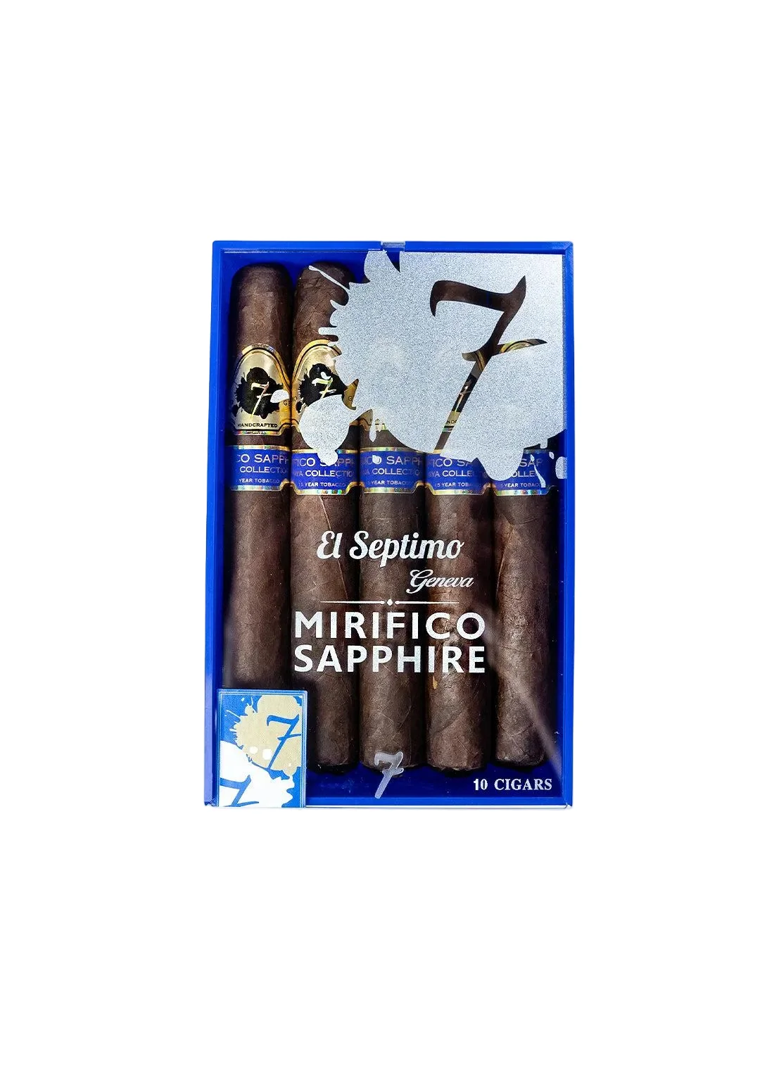 A box of Mirifico Sapphire El Septimo Cigars with purple and gold wrappers in a sapphire and white box with a clear front.